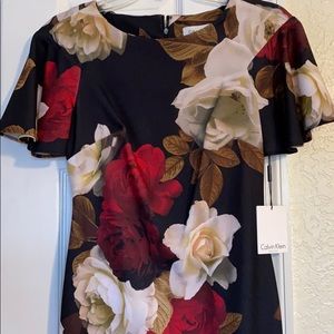 Calvin Klein Flare Sleeves Rose Floral Midi Dress